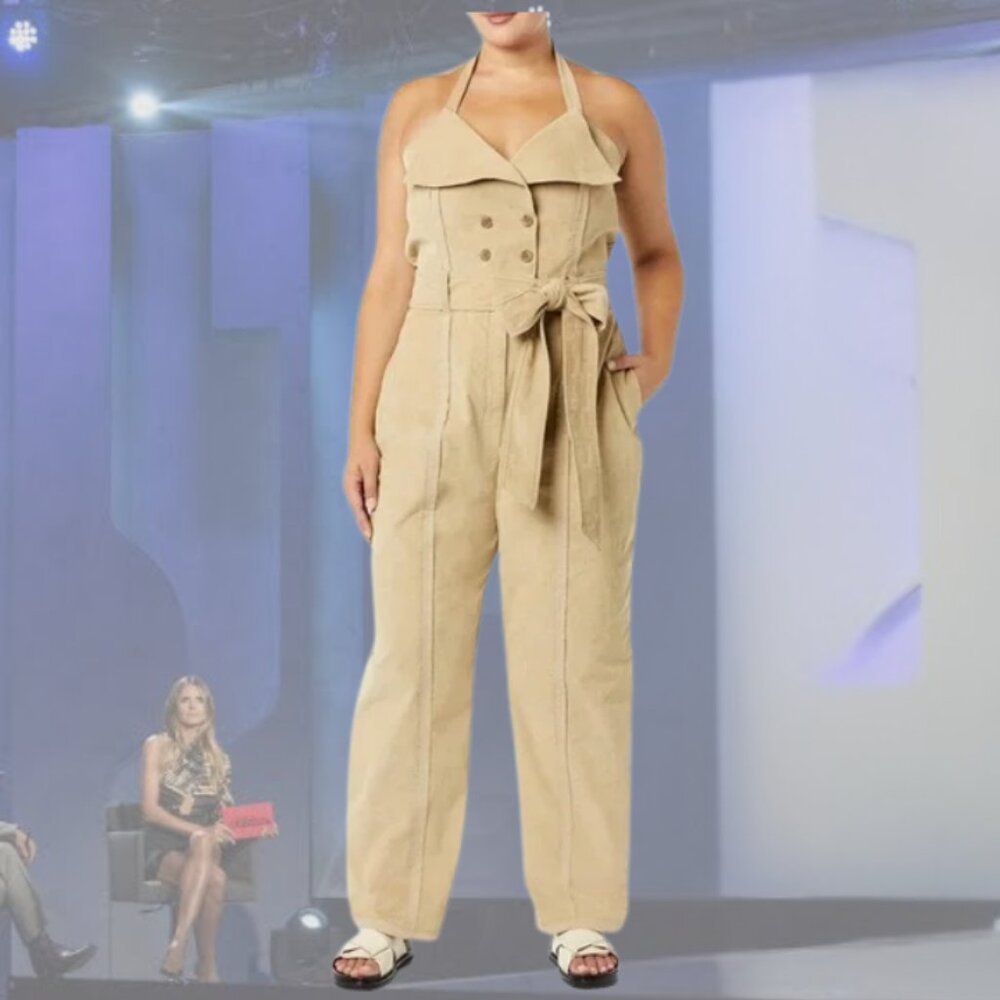 NWT MAKING THE CUT - Deconstructed Halter Jumpsuit Corduroy - Beige/Khaki - 2x